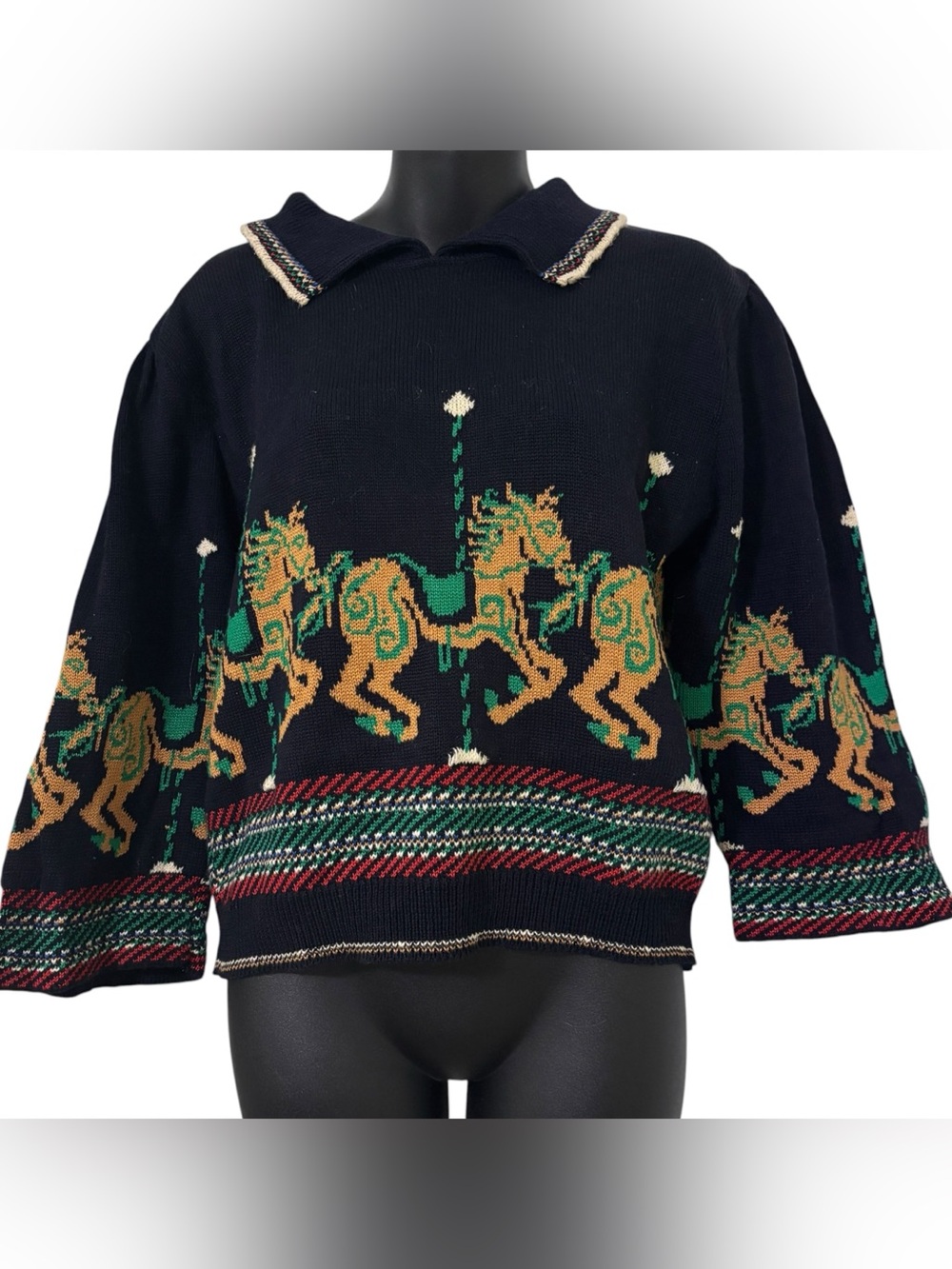 Cullinane RARE Vintage 3/4 Sleeve Sweater with Carousel Horse size L 12
